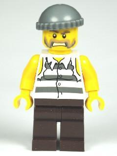 LEGO Minifigure-Jail Prisoner Shirt with Prison Stripes and Torn out Sleeves, Dark Brown Legs, Dark Bluish Gray Knit Cap-Town / City / Police-CTY266-Creative Brick Builders